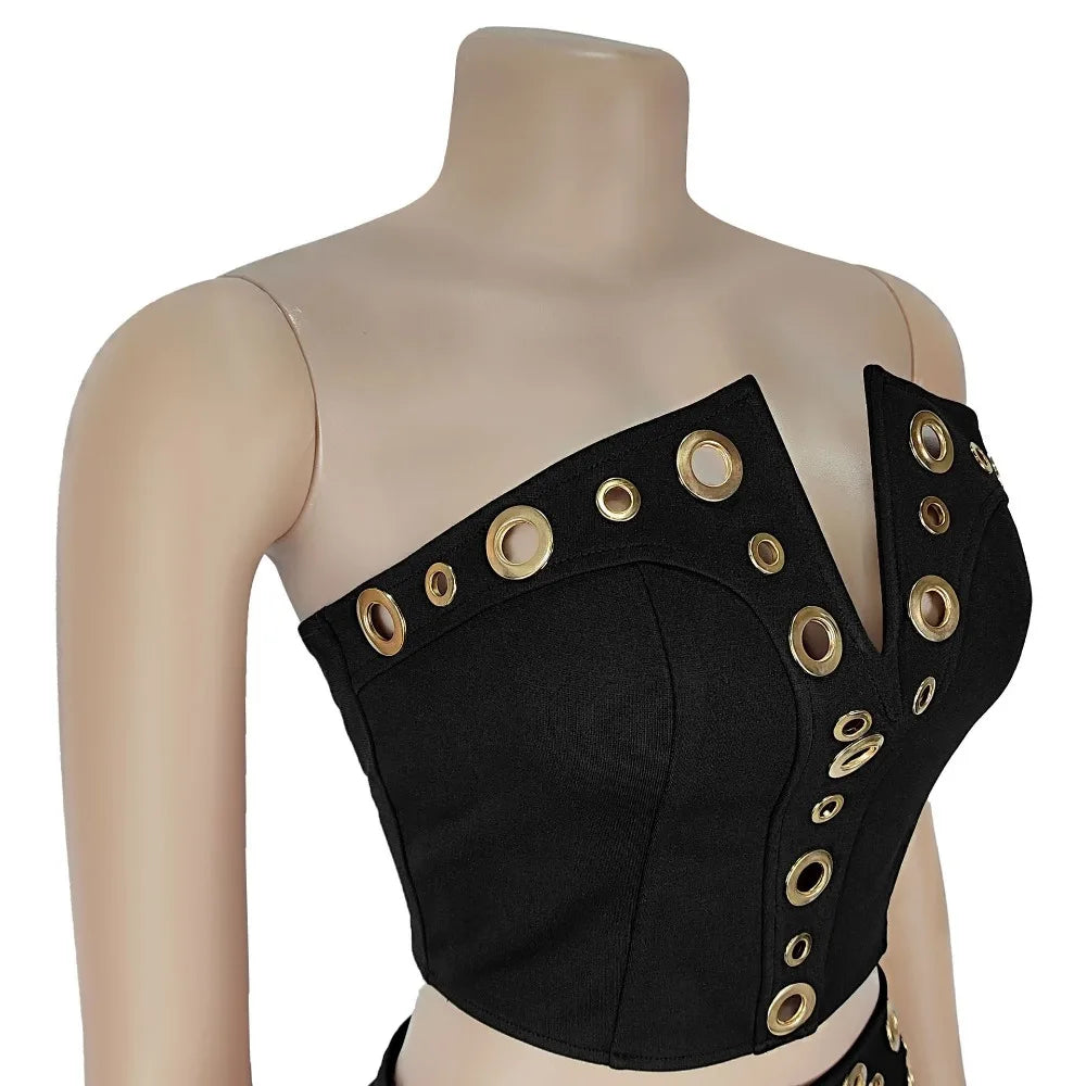 FLARORA Fashion Metal Ring Holes 2 Pcs Sets Woman Sleeveless Hollow Out Crop Tops And High Waist Flare Pants Elegant Streetwear