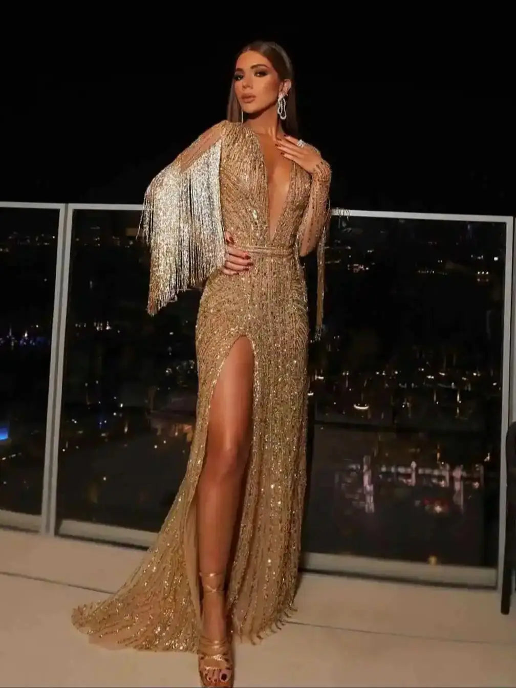 Luxury Evening Dresses Mermaid V-Neck Rhinestones Crystals Beads High Split Prom Gown Party Dress Vestido De Noite Customized