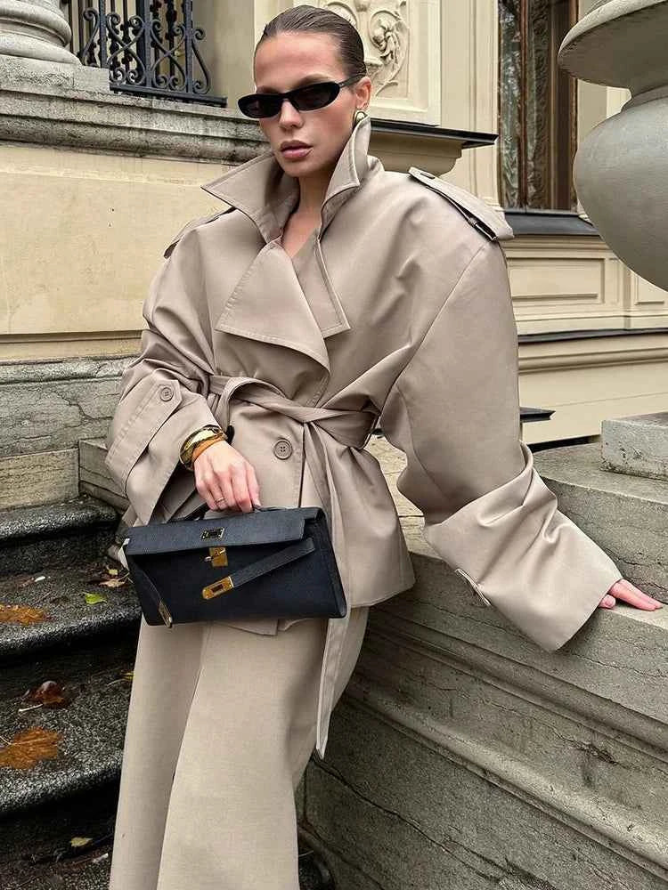 Women Lapel V-neck Belt Trench Coat Fashion Lace Up Full Sleeve Button Short Thin Windbreak 2025 New Lady Daily Street Outerwear