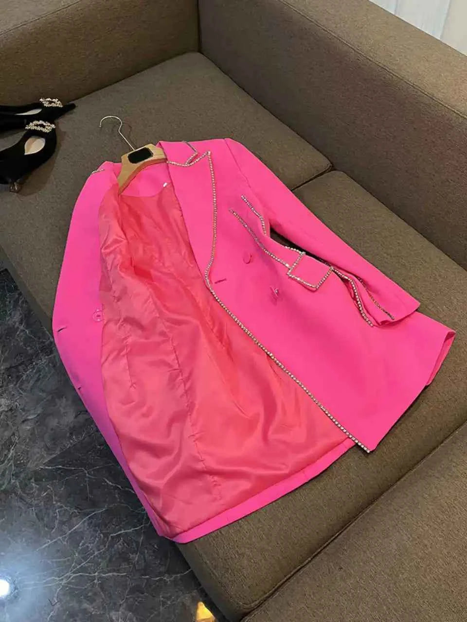 Beading Women Dress Fashion Slim Fit Double Breasted Blazer Long Jackt Customized Women Crystal Party 1 Piece Set
