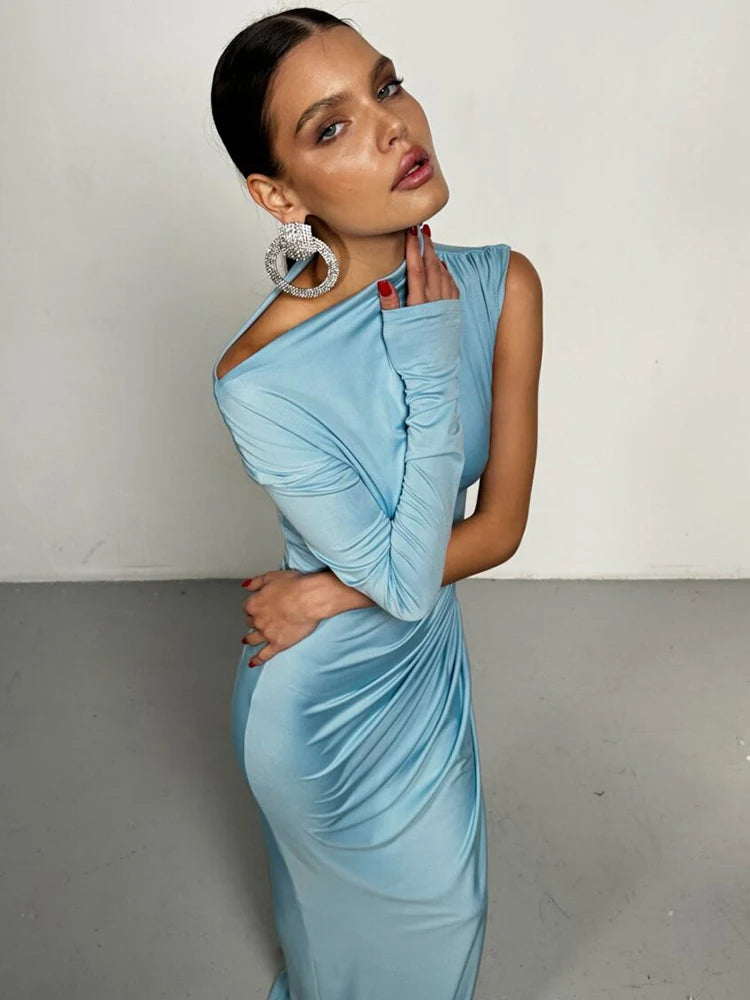 Mozision Skew Collar One Sleeve Sexy Maxi Dress For Women Gown Fashion Solid Thigh High Split Ruched Bodycon Club Long Dress