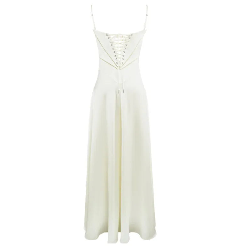 Elegant Lace Up Solid Camisole Maxi Dresses Fashion New Contrasting Cropped Long Gown 2025 New Female Party Beach Evening Robes