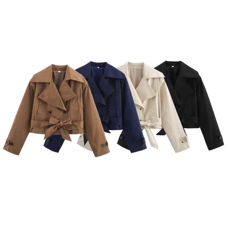 ETJ 2025 new  women's British wind trench coat style double-breasted long sleeve belt lapel jacket short coat