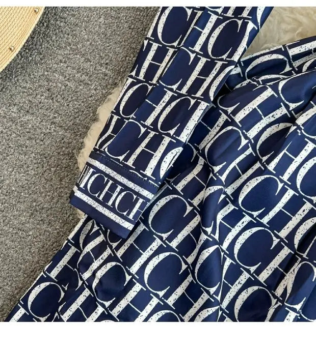 Elegant Retro Long Sleeve Print Shirt Dress Slimming A-Line High Waist Spring Autumn Korean Style Women's City Commute Dress