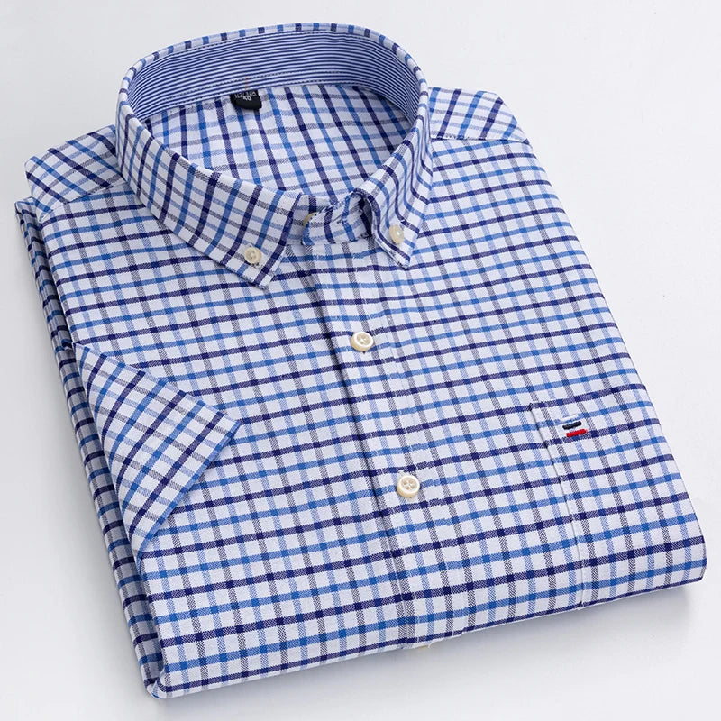 Men's Pure Cotton Oxford Short Sleeve Summer Casual Shirts Comfortable Standard-fit Button-down Plaid Solid Color Cotton Shirt