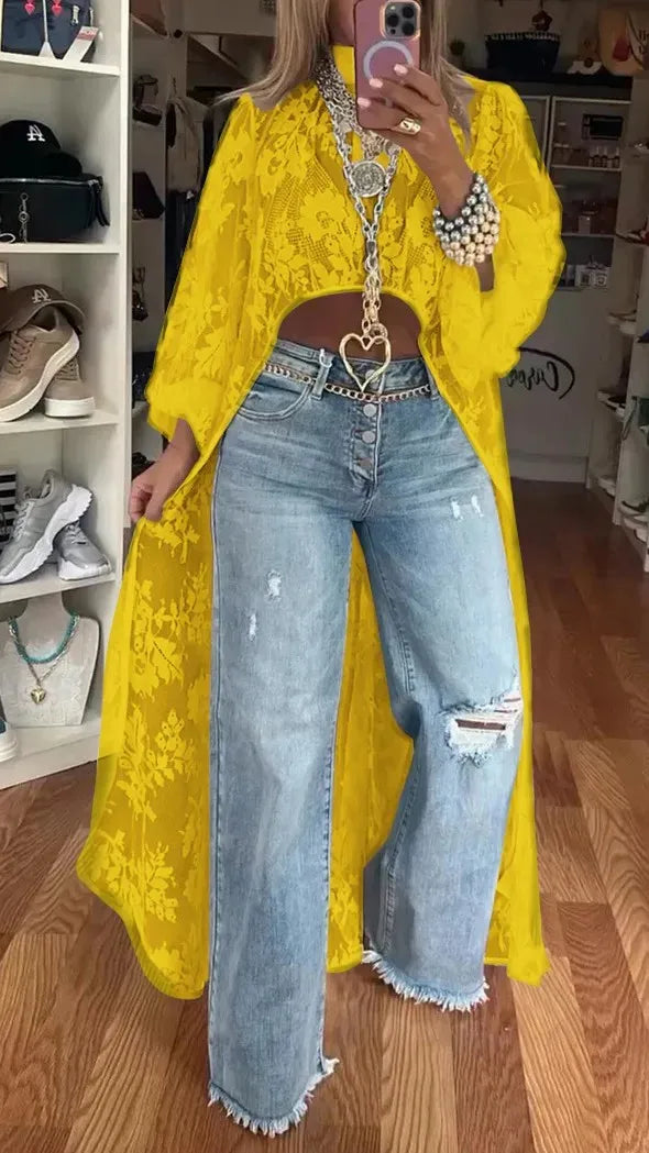 Blusa feminina nova moda 2025 com renda floral e gola alta, manga bufante, frente vazada, curta e longa