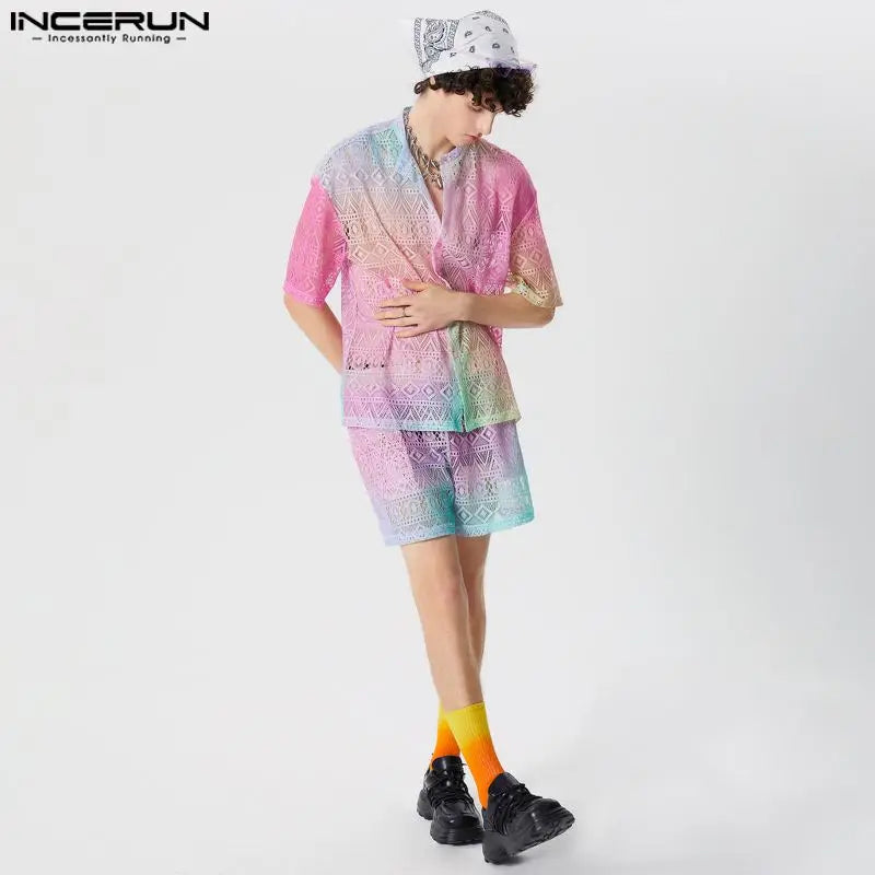 Conjuntos masculinos  de renda transparente com tie-dye, lapela degradê, camisa de manga curta e shorts, 2 peças,  urbana, ternos
