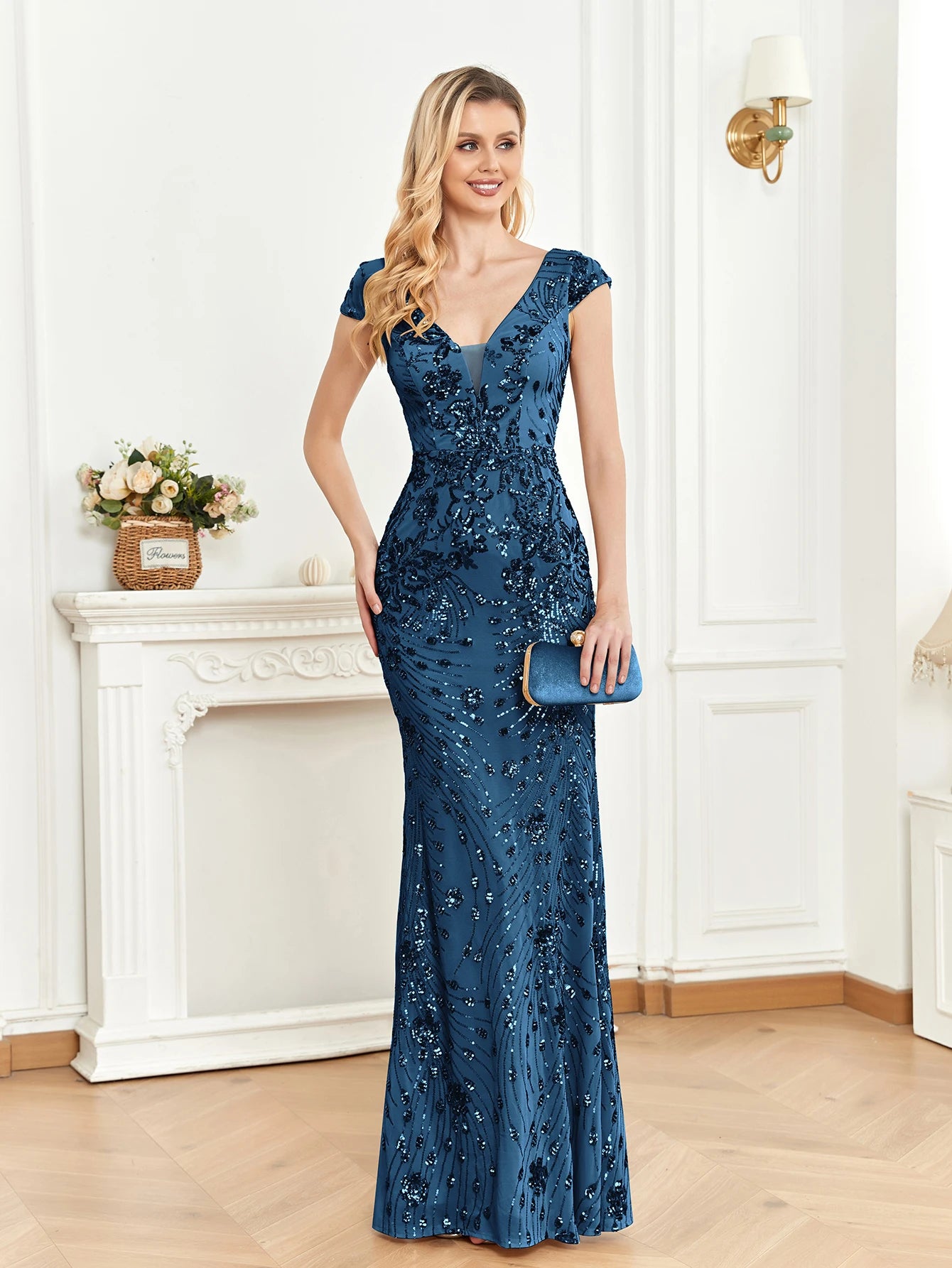 BLUEPLUM New Elegant Green SequinS Evening Dress Women Long Luxury Mermaid Formal Deep V-neck Prom Luxury Wedding Party Gowns