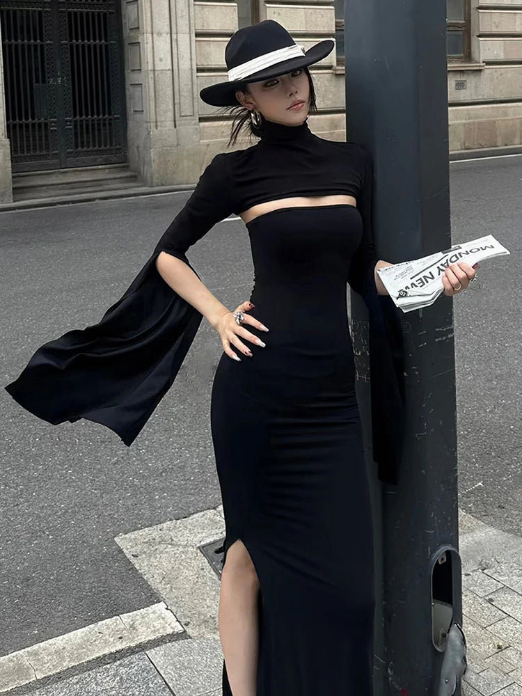 Nibber Fashion Chic 2-Piece Set Women Strapless Split Maxi Dress+Super Short Half-Sleeve Turtleneck Top Matching Elegant Outfits