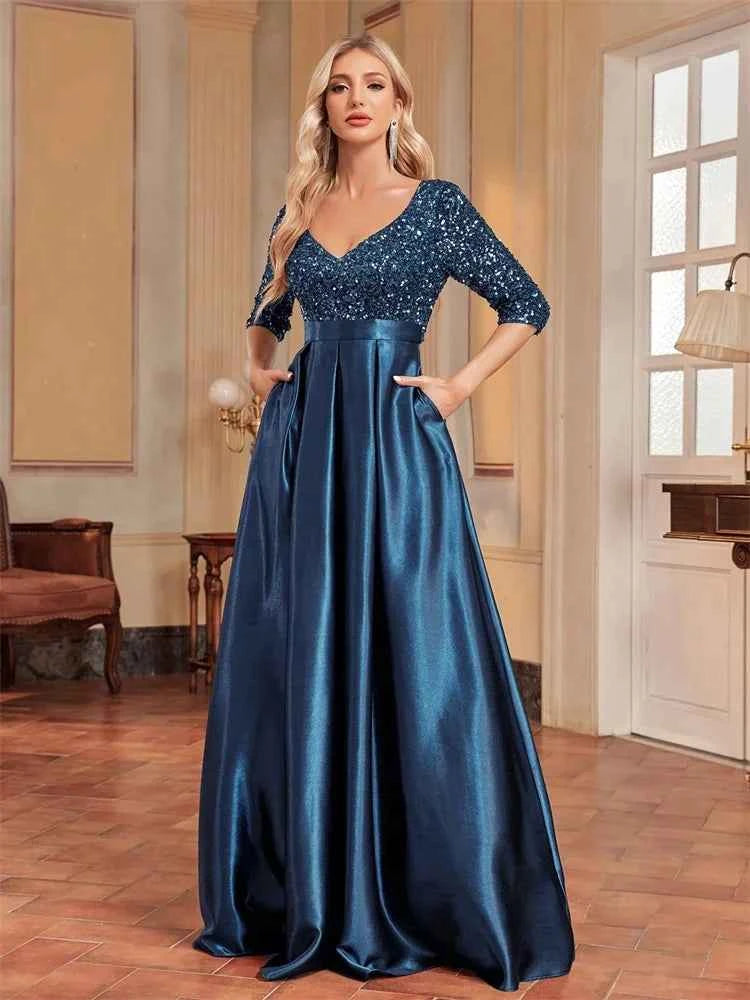 Elegant Short sleeve Sequins Evening Dress 2025 Women Satin Prom Party Green Dress Floor Length Formal Cocktail Gown