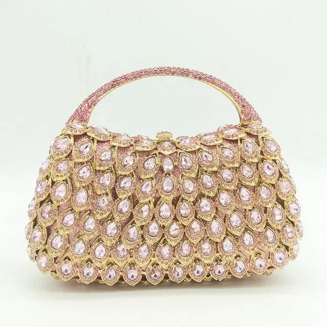 Boutique De FGG Pink Crystal Rhinestone Clutch Handbag Women Metal Minaudiere Top Handle Tote Purse Wedding Party Evening Bag