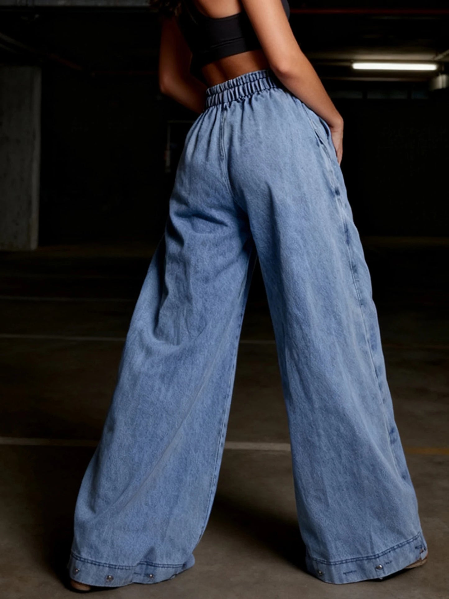 Women Harem Denim Pants Causal High Waist Wide Leg Baggy Solid Color Trousers with Pockets