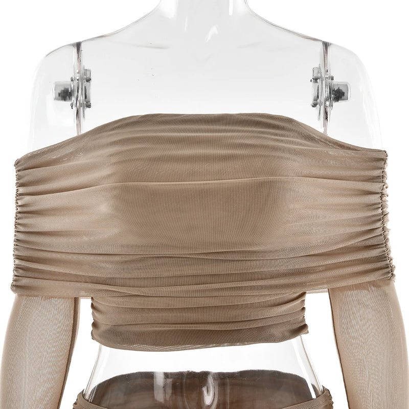 Fantoye Sexy Strapless Two Piece Sets Women Skirt Suit Khaki Long Sleeve Top Ruffle Skirt Female Spring Slim Elegant Skirt Sets