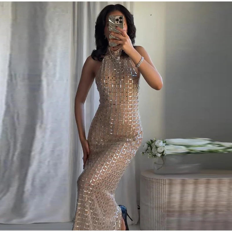 Luxury Diamonds Halter Long Dress Women Sexy Slim Sleeveless Backless Split Party Dresses 2026 Spring Summer Lady Evening Robes
