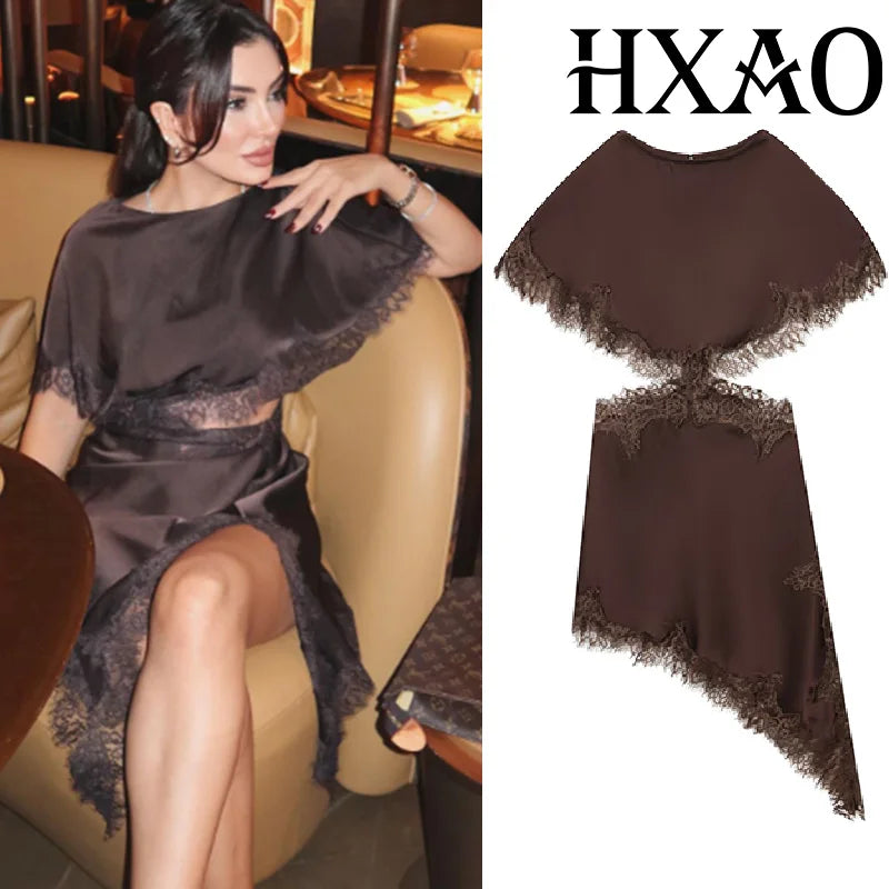HXAO Cut Out Black Dress Woman Asymmetrical Lace Midi Dress Cape Sleeve Elegant Party Dresses Women Sexy Luxury Cocktail Dress