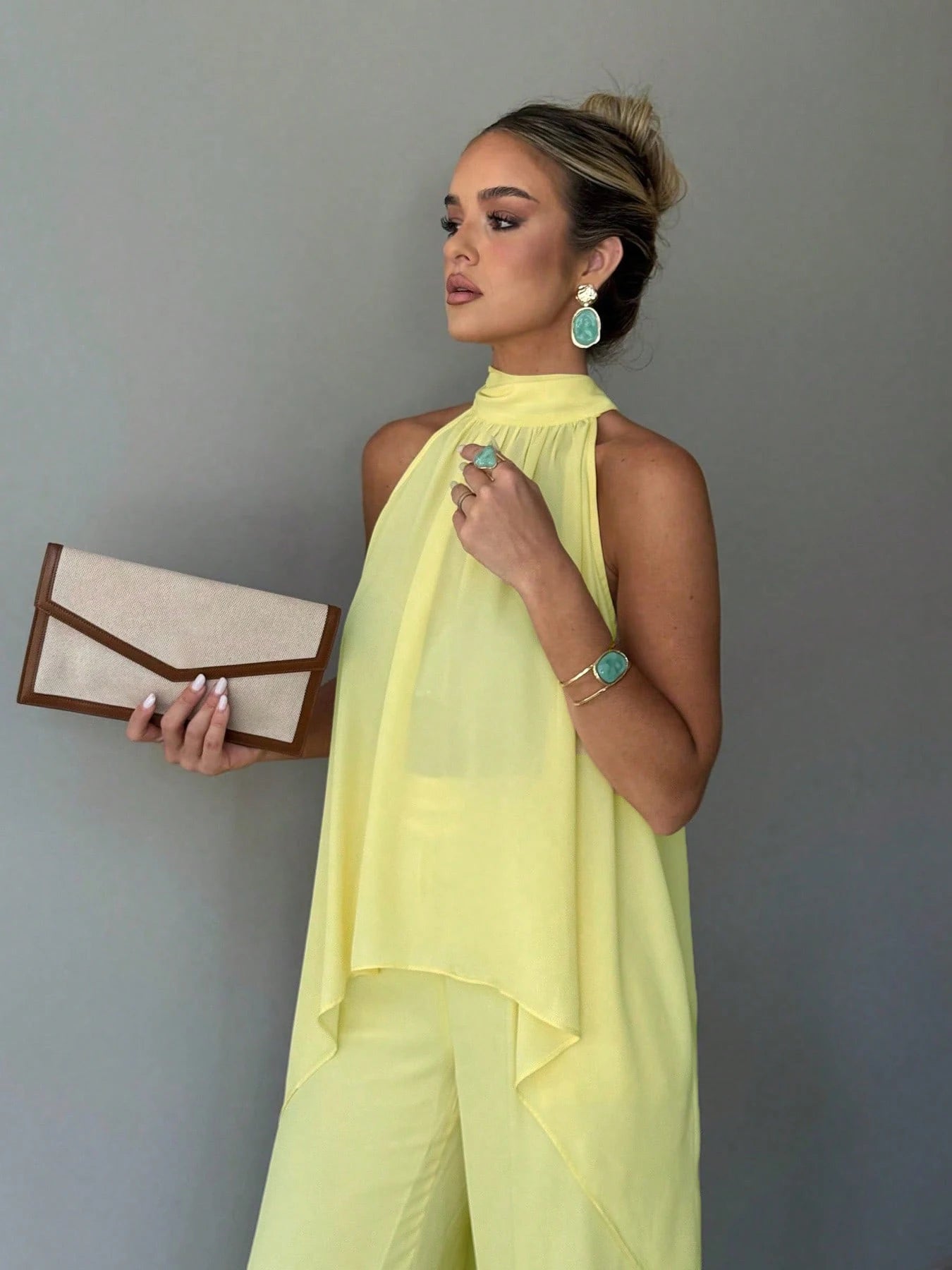 Ladies Elegant Chiffon Solid Color Semi-Transparent Top Bottoms Set Fashionable Translucent Outfit for Women