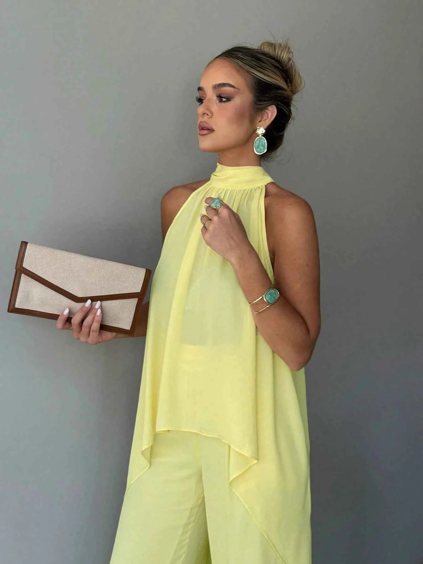 Ladies Elegant Chiffon Solid Color Semi-Transparent Top Bottoms Set Fashionable Translucent Outfit for Women