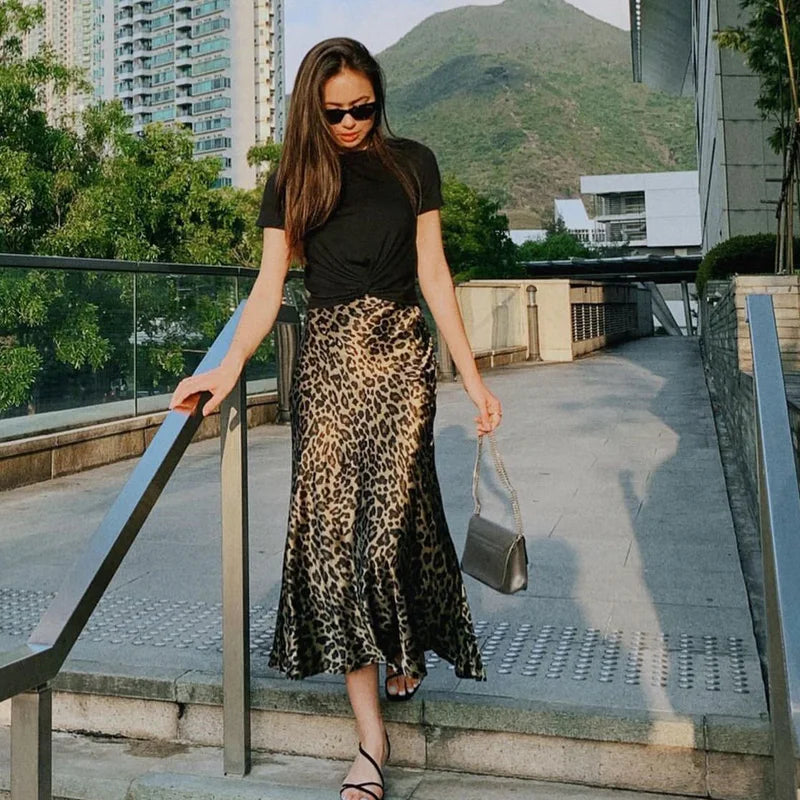 HXAO Leopard Print Women's Midi Skirt High Waist Stylish Long Skirts For Women Fall Vintage Satin Skirt Woman Elegant Skirts