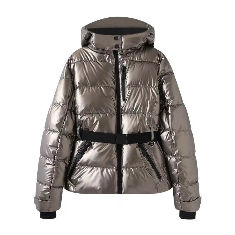 2025 Women Winter Hooded Down Jackets With Belt Lady Warm Thick Long Sleeve Stand Collar Parkas Padded Coats Sports Ski Outdoor