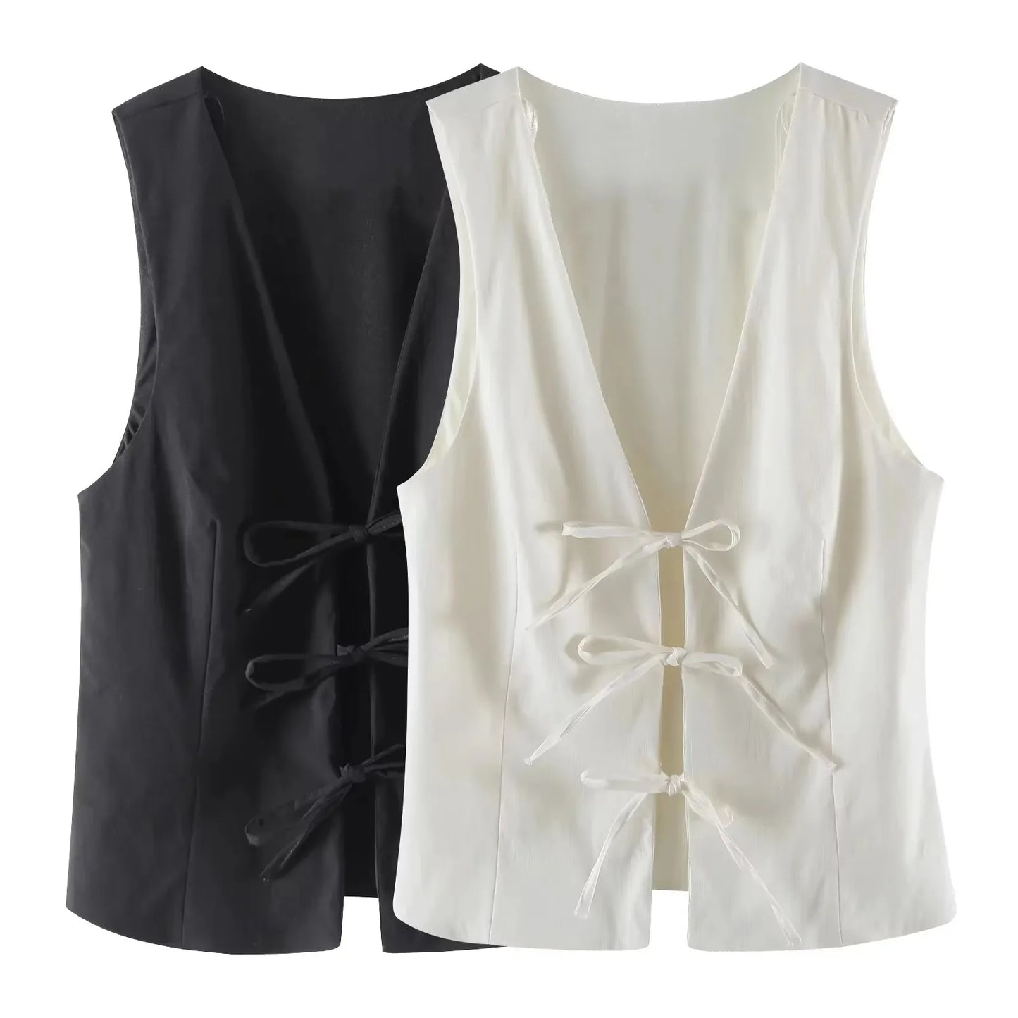 HH Women Elegant Lace Up V-Neck Waistcoat Sleeveless Tie Front Slim Vest Casual Office Wear Retro Y2K Street Fashion Chic Top