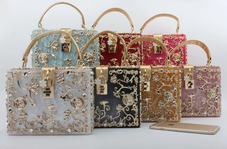 Box Designer evening bag diamond flower Clutch Bag hollow relief Acrylic luxury handbag banquet party purse women's Shoulder bag