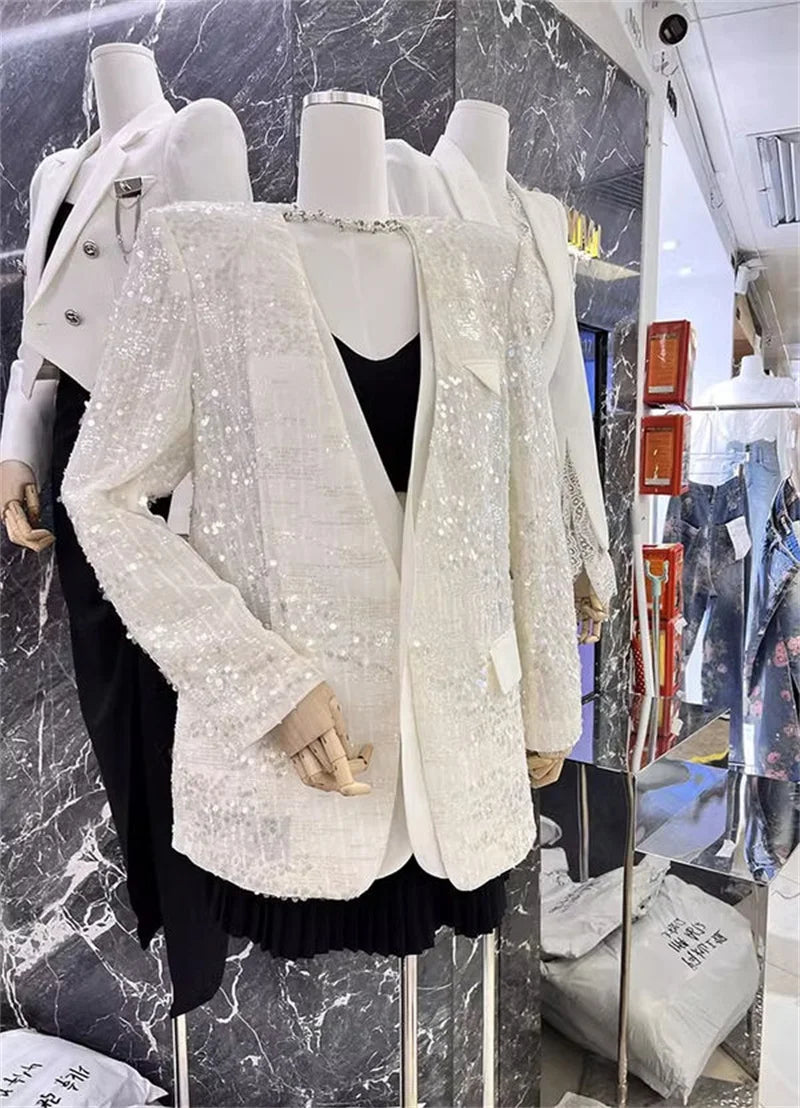 European Brand V-neck Temperament Socialite Sequin Jacket For Women, Mid To Long Style, Stylish Thin Style, Sparkling Top XQ145
