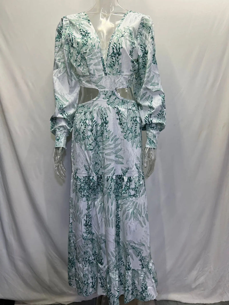 Spring New Long Dress Fashion Print Sexy Deep V-neck Long Sleeved Dress Women's Elegant Hollow Out Ruffle Spliced Maxi Dress