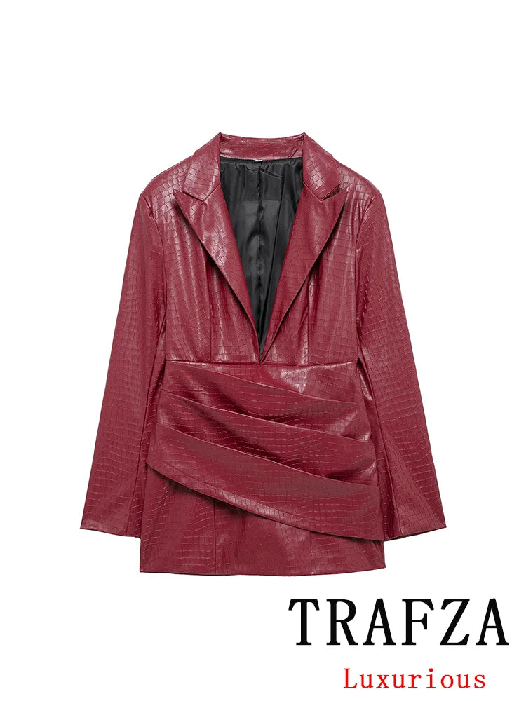 Vestido de festa feminino TRAFZA Sexy Couro Sólido Vermelho Manga Longa Mini Bainha Inverno Noite Clube Vestido