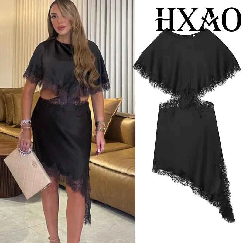 HXAO Cut Out Black Dress Woman Asymmetrical Lace Midi Dress Cape Sleeve Elegant Party Dresses Women Sexy Luxury Cocktail Dress