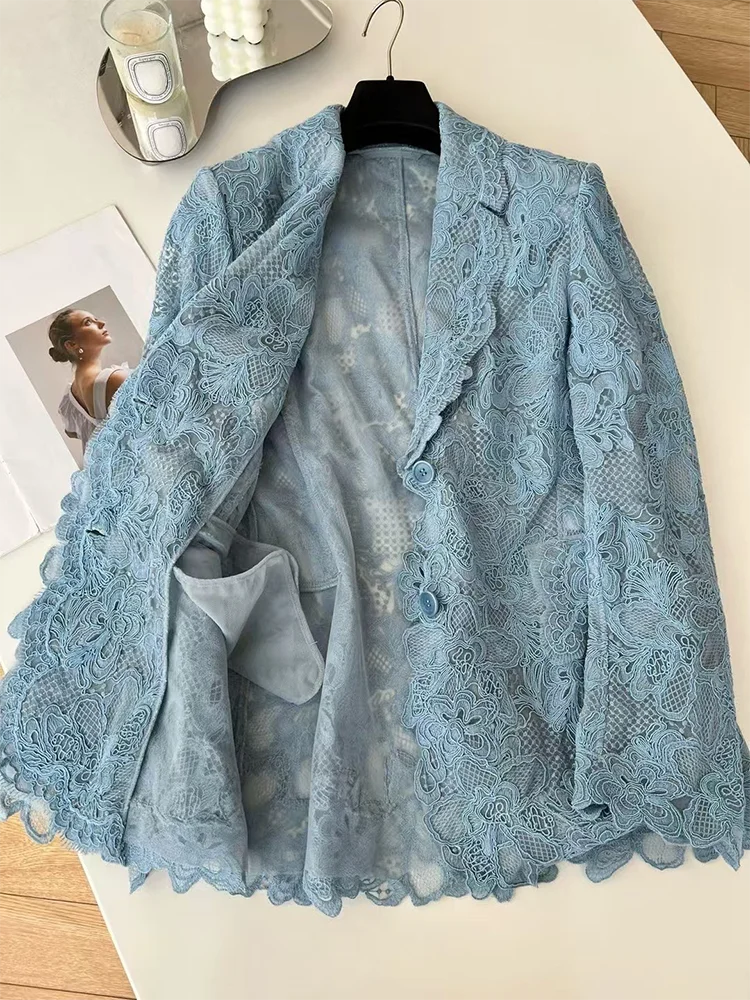 Luxury floral lace hollow suit jacket women's elegant sleeveless dress black blue white solid color fashion outfit new 2025