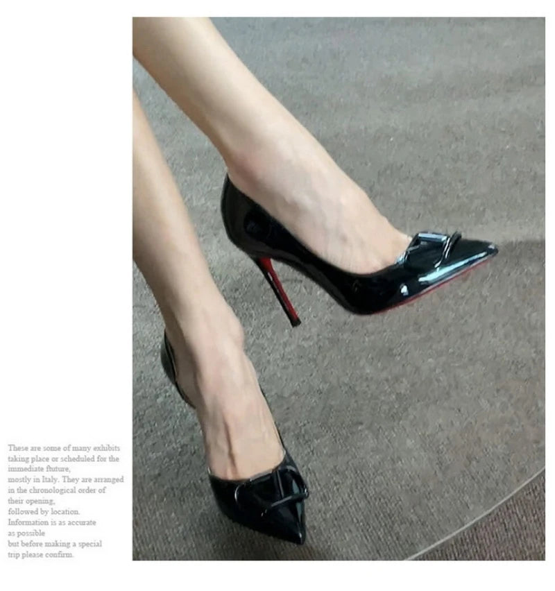 European Banquet Pointed V-Buckle High Heels Thin Heel Patent Leather Side Air Quality Women's Shoes Fashionable And Elegant