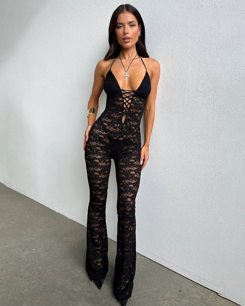 GACVGA Sexy Lace See Through Women Jumpsuit Backless Slim Streetwear Bandage Romper Lady Elegant Summer Party Nightclub Jumpsuit