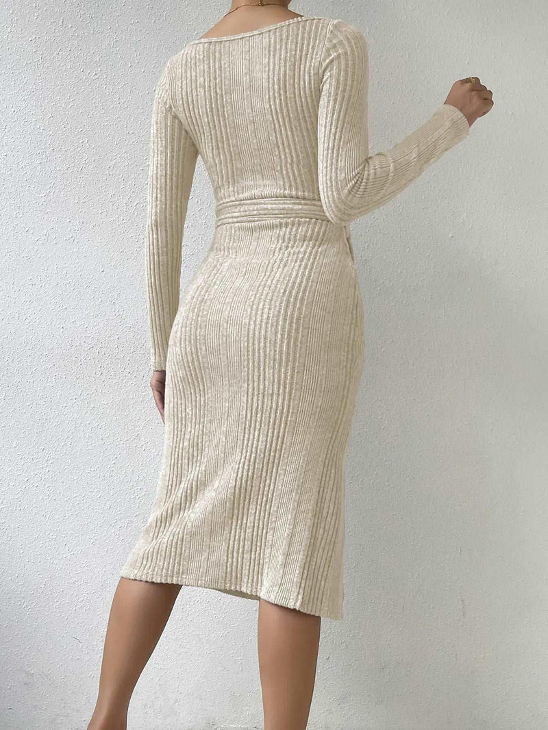 2024 New Women's Dress - Women's Autumn and Winter Loose, High end, Age Reducing, Elegant, Apricot Grey Square Neck Bottom Dress