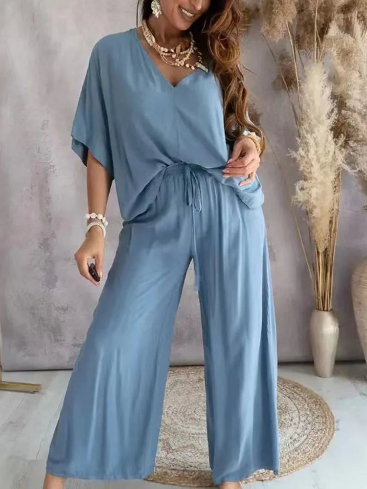 2024 Summer Long Pant Sets Two Piece Set For Women V Neck Bat Sleeve Loose Wide-leg Pants 2 Piece Set Solid Color Casual Outfits