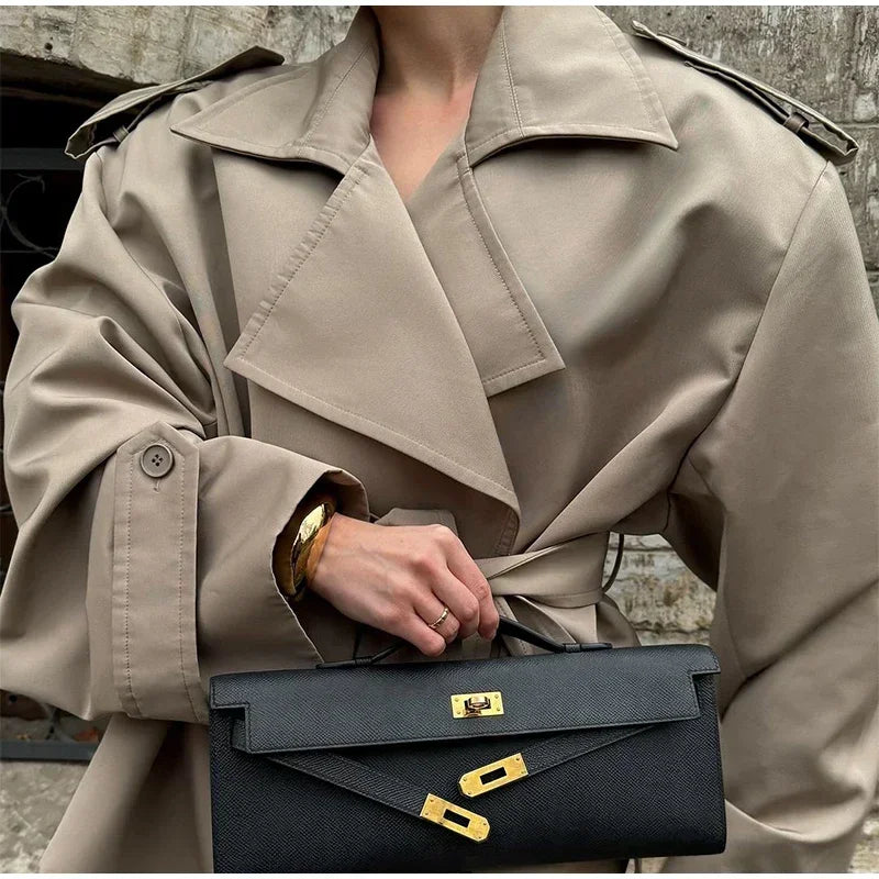 Women Lapel V-neck Belt Trench Coat Fashion Lace Up Full Sleeve Button Short Thin Windbreak 2025 New Lady Daily Street Outerwear