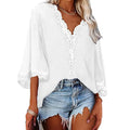 Blusa feminina de chiffon com costura de renda, decote em V, manga flare, blusa solta de verão, moda simples