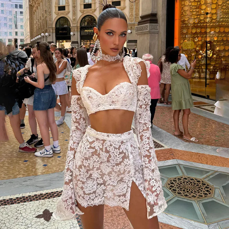 Lace Mini Skirt Set Women Hollow Out Cold Shoulder Crop Top Side Split Skirts Suit Female Summer Holiday Sexy Sets Lady Beach