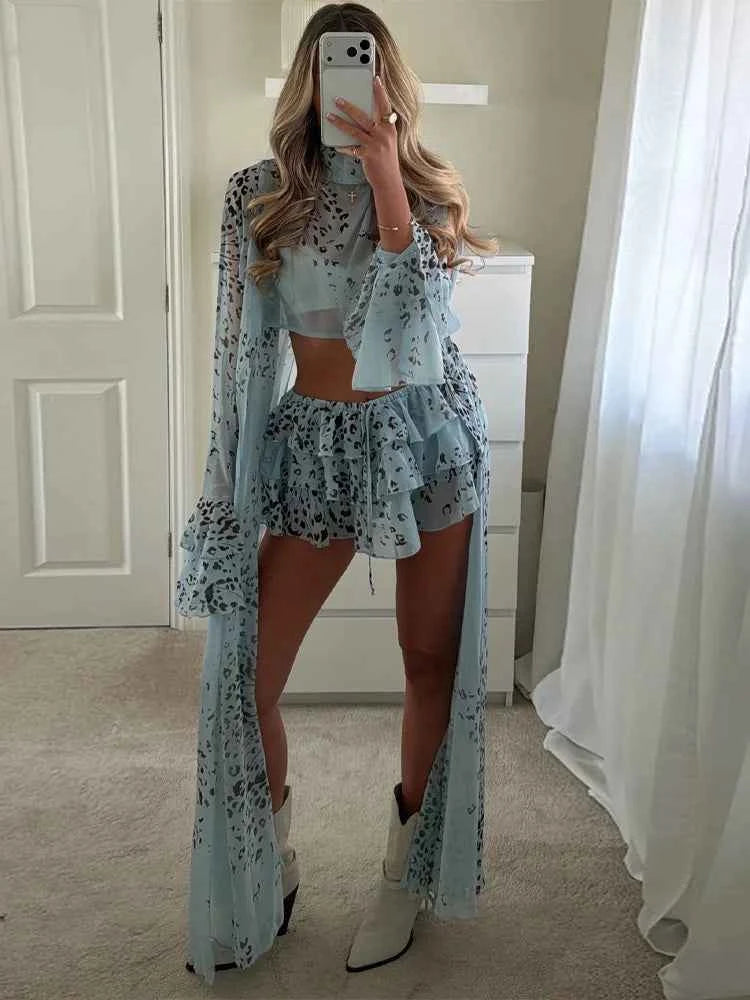 Sexy Women's Skirt Set Full Sleeve Crop Top Ruffle Hem Skirts Female Vacation Print Sets 2026 Summer Beach Fashion Lady Suit