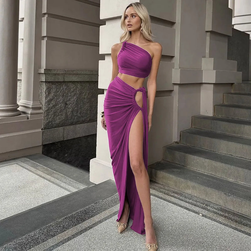 Ladies Spring 2 Pieces Sleeveless Backless Strap Spit Crop Top Side Slit Slim Fit Maxi Skirt Set Women Evening Party Clubwear
