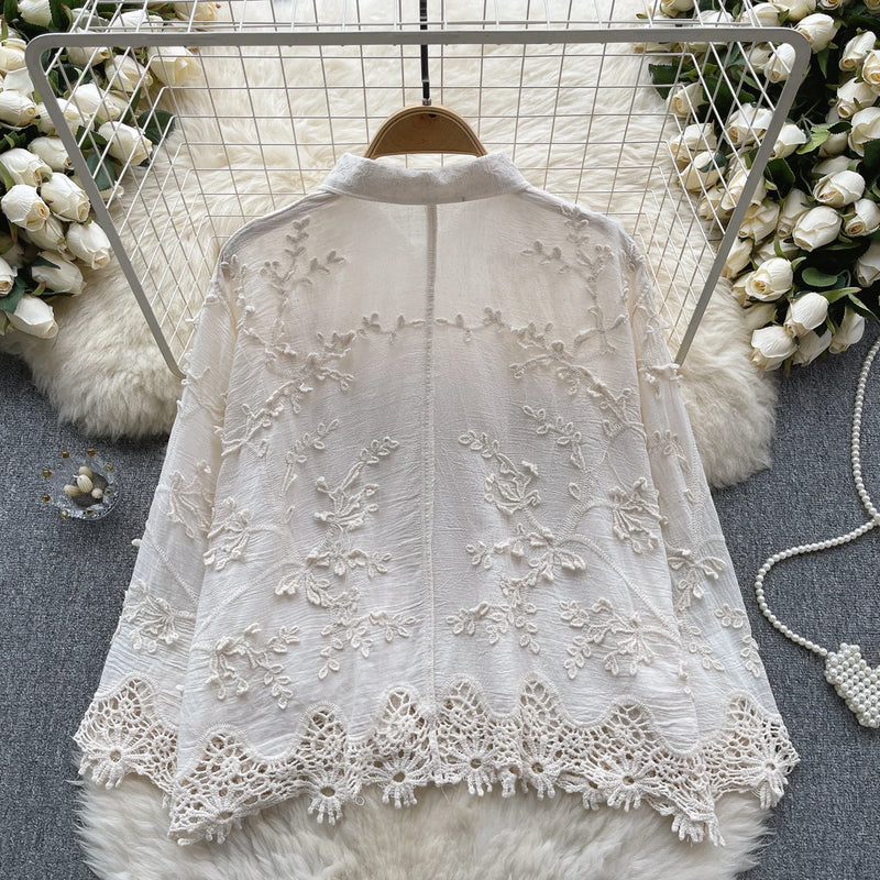 Camisa solta bordada SINGREINY feminina elegante retrô com lapela sólida manga comprida blusa feminina de alta qualidade moda verão