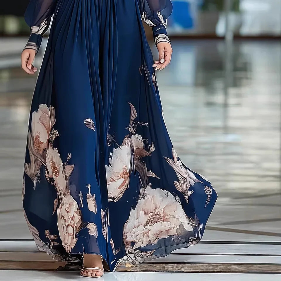 Elegant Long Sleeve Maxi Dress Women 2026 Summer V-neck Florat Print A-line Maxi Dresses Casual