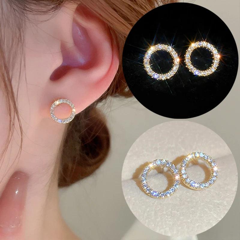 Korean Fashion Versatile Dazzling Circle Stud Earrings with Crystal Cubic Zirconia Minimalist Earrings for Teens Women's Jewelry - CRAVO ROSE