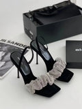 Sandálias femininas de luxo com imitação de diamante, saltos elegantes e pontudos, sandálias gladiadoras com tira traseira, sapatos de baile de verão