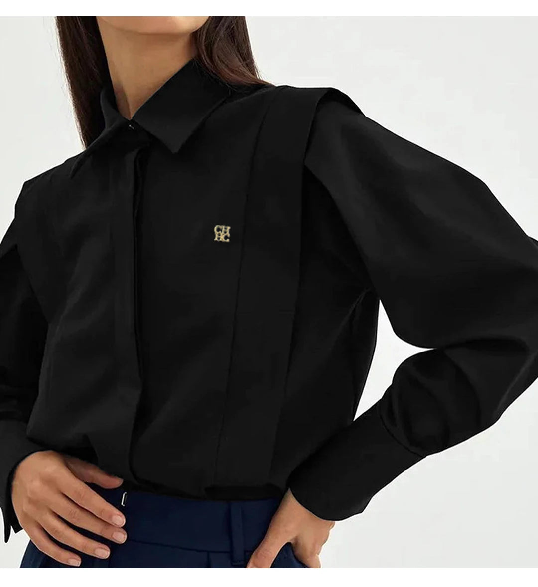 CH Womens CH Logo Embroidered Shirt Long Sleeve Structured Shoulder Office Blouse Fashion Button Down Top