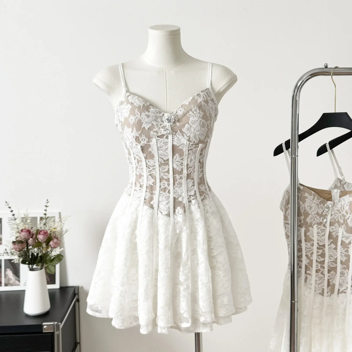 Spring Summer Vietnamese Design Mini Dress Lace Hollow out Puff Sleeve Square Collar Waist Cinched Pleated Low Waist Line