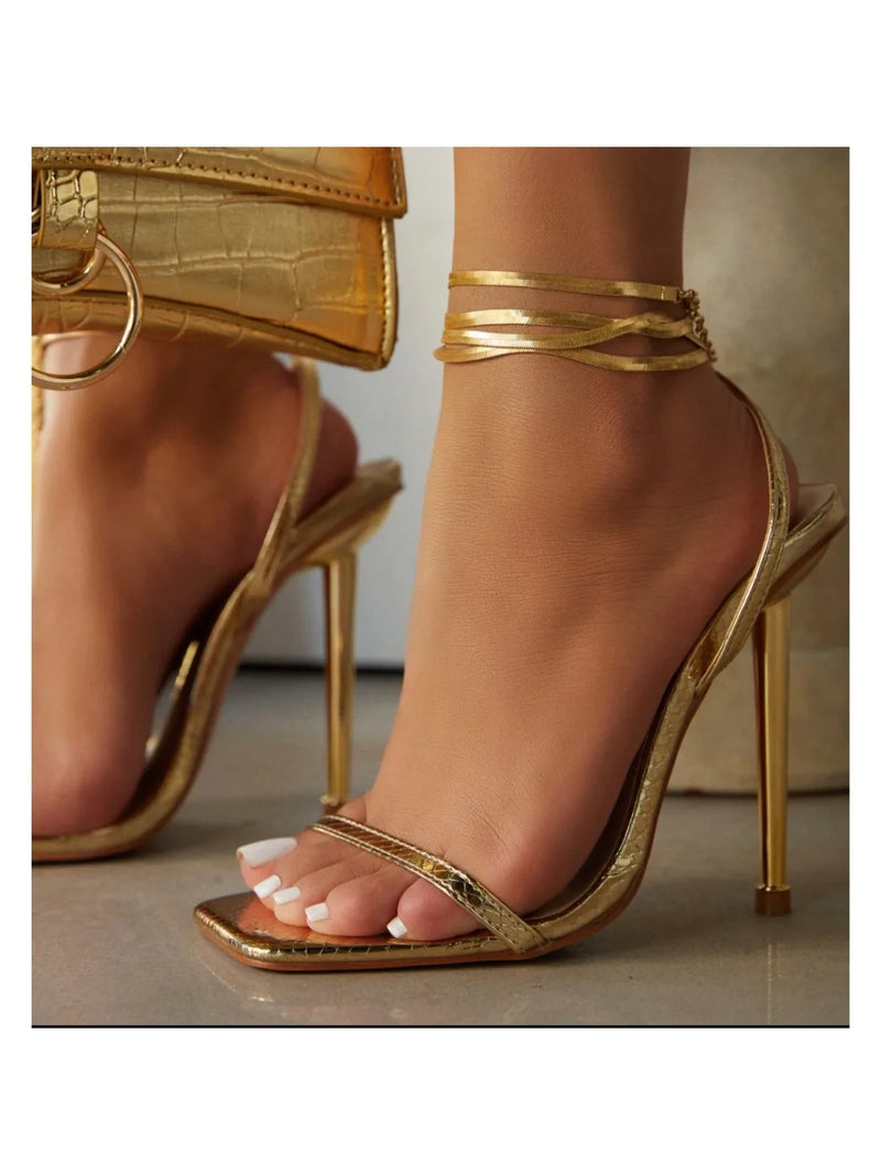 2024 Summer Women's High Heels Open Toed Strap Solid Color Luxury Women's High Heel Dress Party Limited Edition Gold High Heels