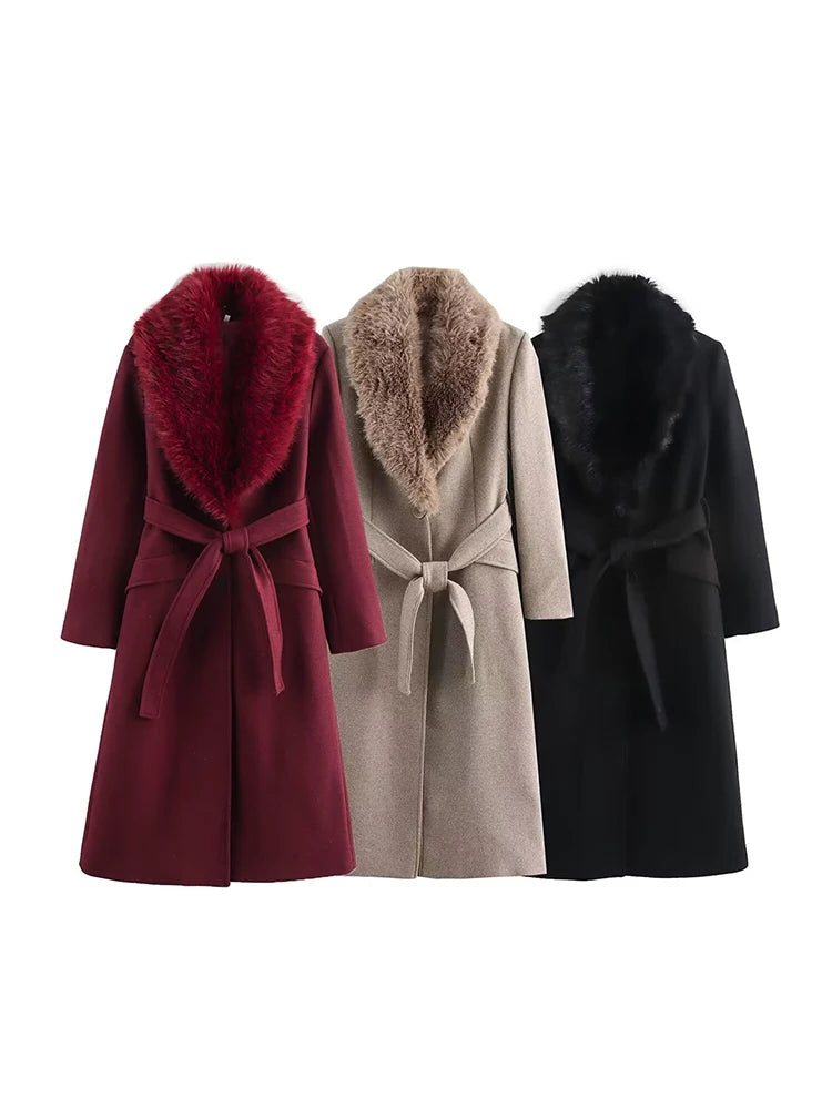 women's lapel single breasted fur collar coat jacket belt decoration autumn and winter new women's clothing