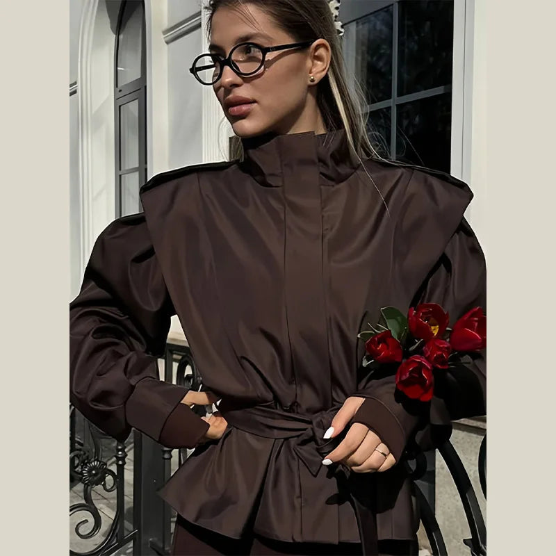 Fashion Stand Collar Belted Waist Short Jacket For Women Casual Puff Sleeve Wide Shoulder Coat Lady 2026 Chic Street Outerwear