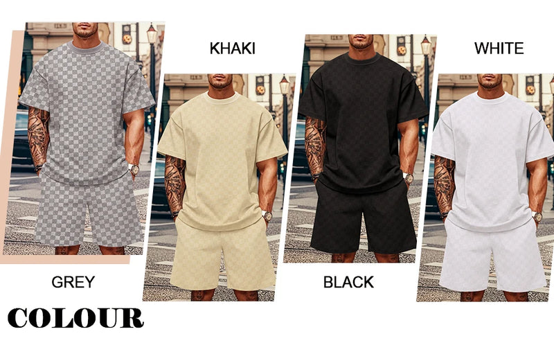 Conjunto de shorts casuais de perna reta e tamanho grande, camiseta xadrez jacquard de manga curta para homens, verão 2025