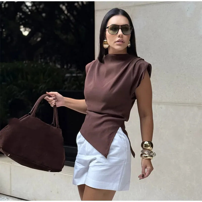 Vestido longo elegante com decote redondo e manga curta, moda feminina, liso, plissado, gaze, patchwork, 2025, novo, para escritório